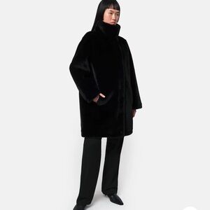 DENNIS BASSO Black Faux Fur Coat,
Stand Collar Pockets Invisible 
Buttons